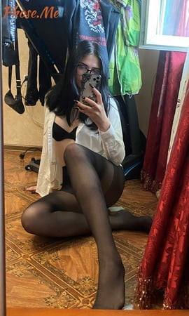 nerdy brunette babe michelle in pantyhose taking selfies         