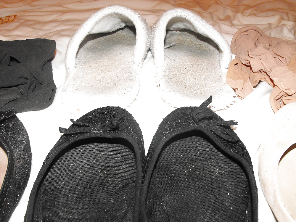 Free Em's very worn flats slippers and tights, Take a sniff!!! photos