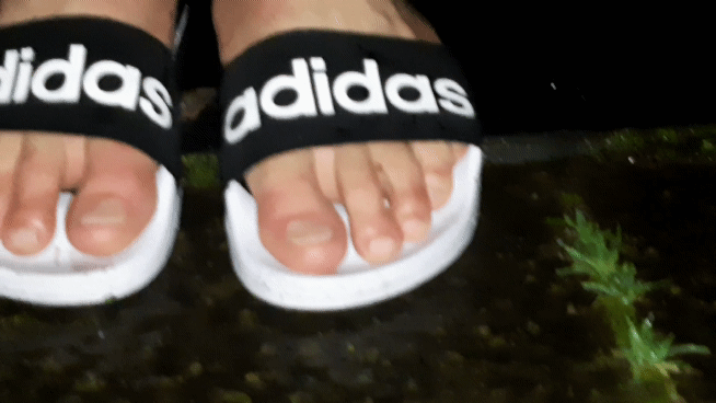 Adidas adilette sandals & black socks outside