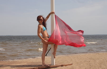 red shawl on windy weather         