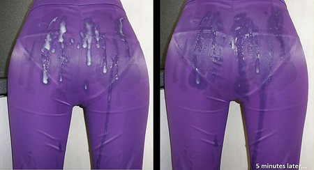 Third cum load on back of shiny purple pants
