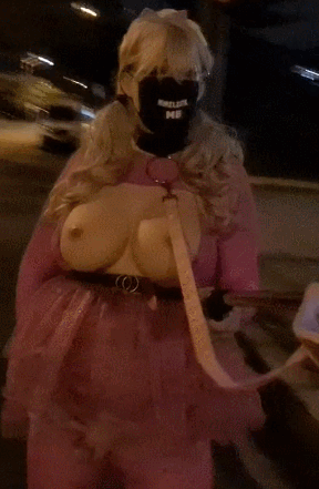 Pink leashed sissy in public #31