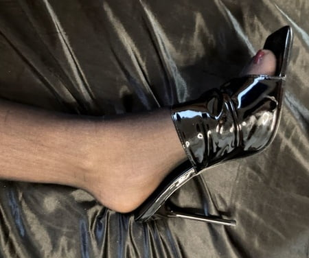 cum on black high heel mules         