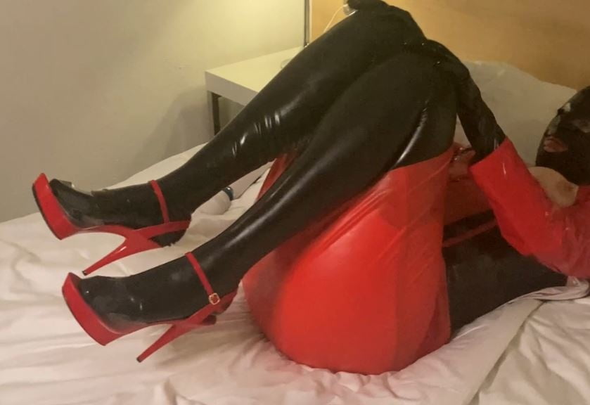 Red And Black Latex Corslette, Gloves And Stockings