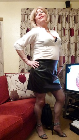 Linda Wearing Her New Leather Skirt
