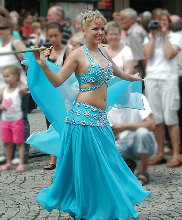 two german belly dancer woman on street parade - 2010