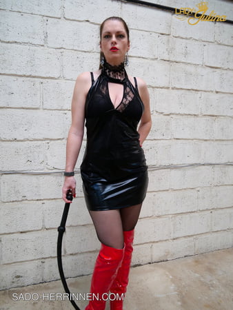 wetlook dress dark pantyhose and red overknee boots         
