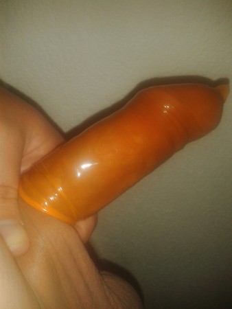 My hammerhead in narrow Orange latex condom